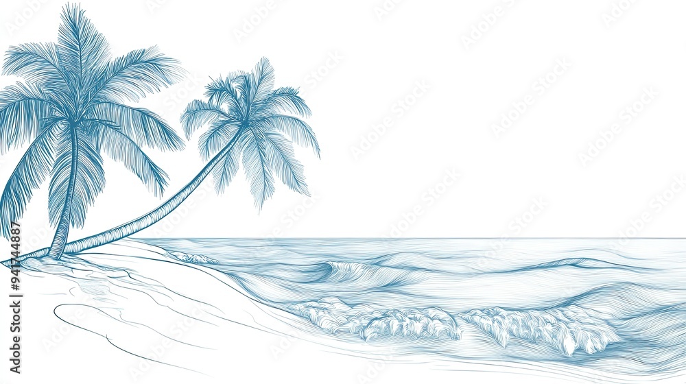Geometric lines illustrating coconut trees with gentle waves beneath them, capturing the essence of a tropical seascape on a white background.