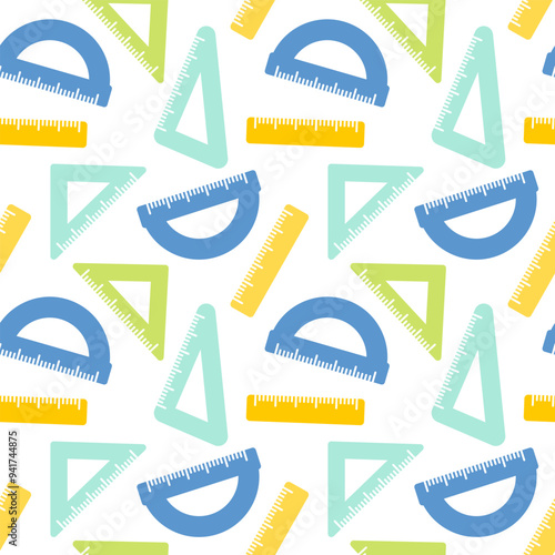 Seamless pattern with cute cartoon rulers in flat style. School supplies background isolated on white. Vector illustration