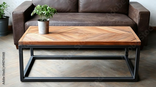 Industrial-style coffee table with a metal frame and wood top, rugged design, urban decor