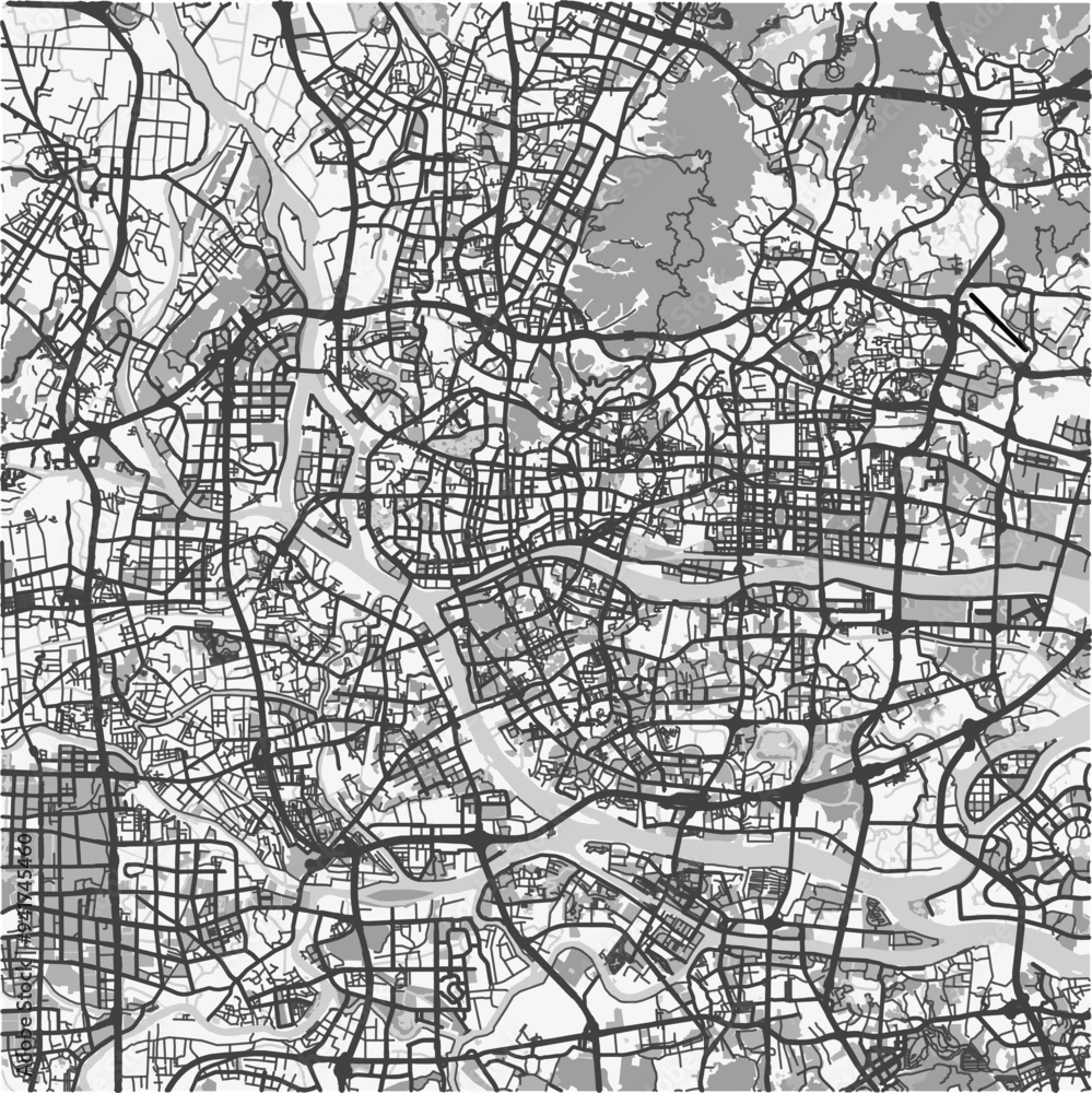 Naklejka premium Map of Guangzhou in China in grayscale. Contains layered vector with roads water, parks, etc.