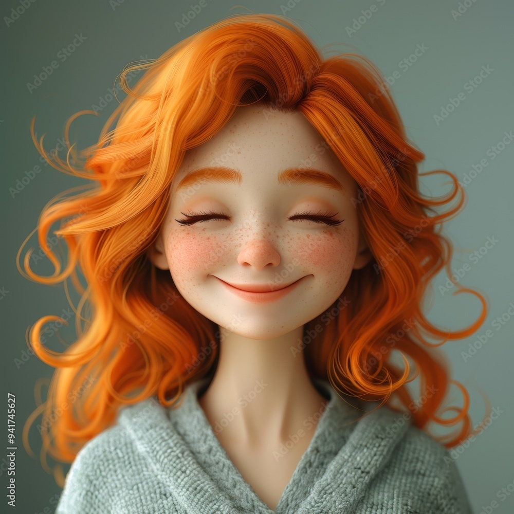 Fototapeta premium Portrait of happy smile laughing cartoon character young adult woman female person with ginger hair in 3d style design on light background. Human people feelings expression concept 