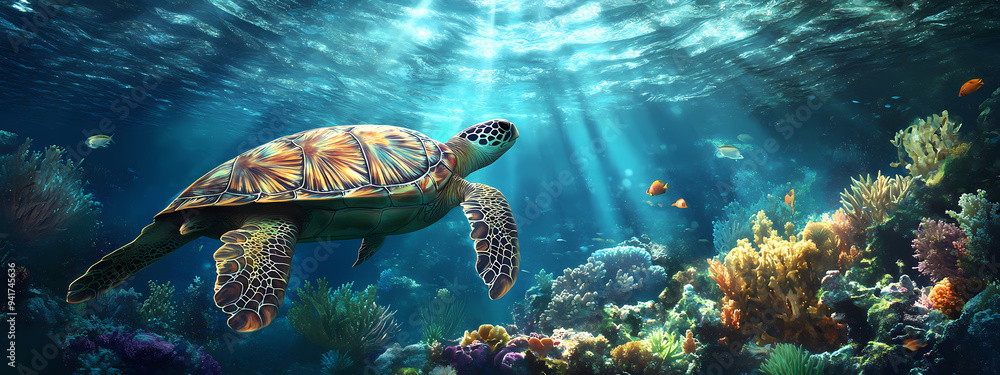 Graceful Sea Turtle in Coral Reef Graceful Sea Turtle in Coral Reef