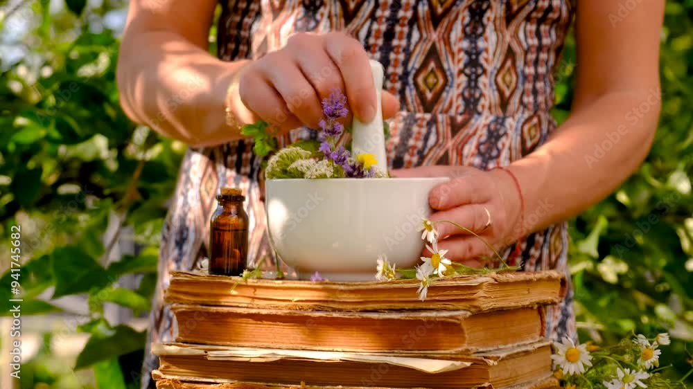 Woman with medicinal herbs in the garden. Selective focus.