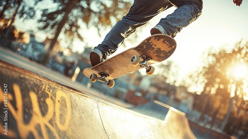 Skateboarder performing a trick on a ramp in an urban skate park at sunset