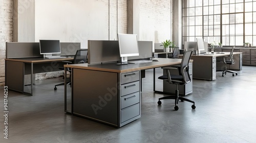 Industrial-style office with metal desks and exposed ductwork, creative workspace, modern industrial