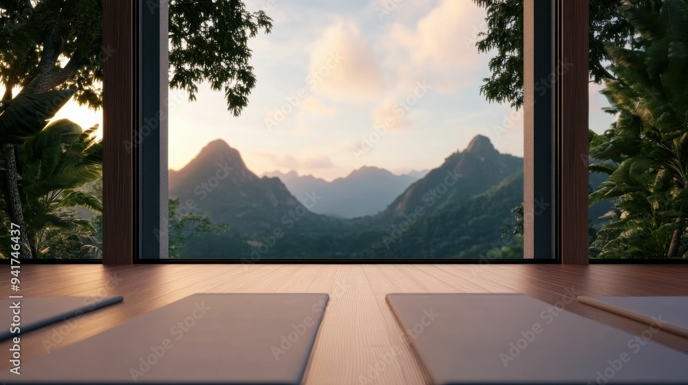 Fototapeta premium Yoga studio interior with a large window offering a breathtaking view of mountains at dawn, surrounded by lush greenery..