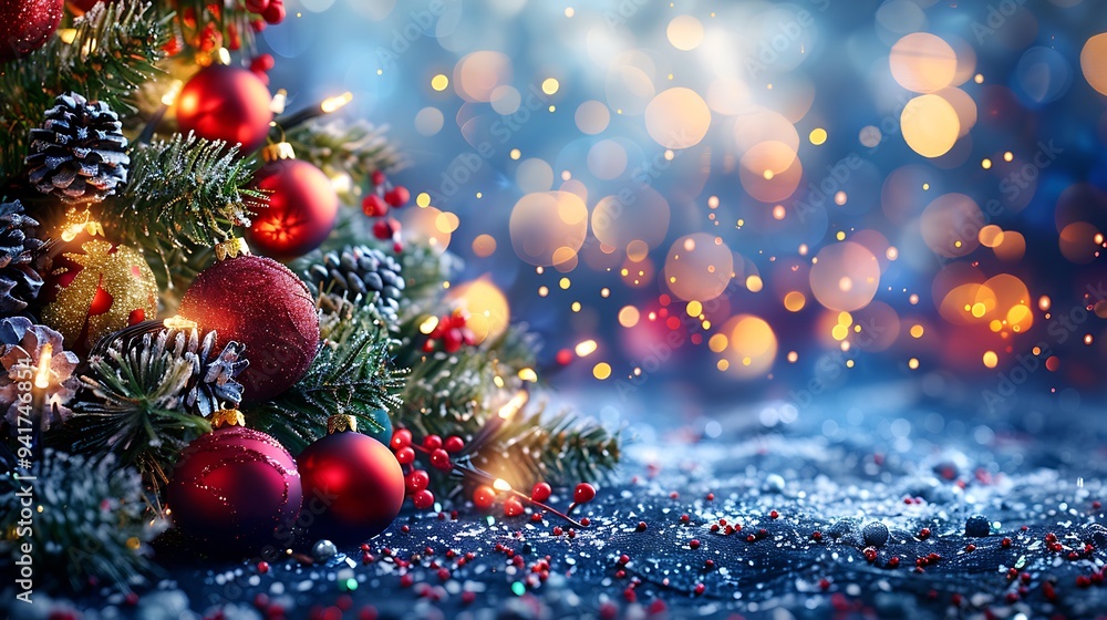 Obraz premium An eco-friendly Christmas tree adorned with handmade ornaments made from natural materials, softly glowing against a backdrop of blurred warm-toned lights. The scene is cozy and inviting,