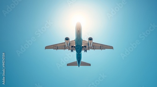 Airplane flying overhead with a bright sun in the background