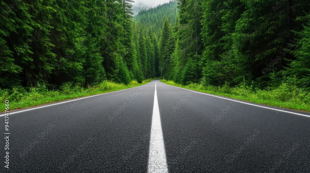 Lonely road winding through a dense evergreen forest, emphasizing the natural beauty and tranquility of a secluded landscape..