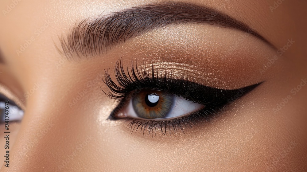 A detailed shot of a woman's eyes with dramatic smoky eye makeup, featuring perfectly blended eyeshadow, winged eyeliner, and voluminous lashes. - A detailed shot of a woman's eyes with dramatic smoky eye makeup, featuring perfectly blended eyeshadow, winged eyeliner, and voluminous lashes. -