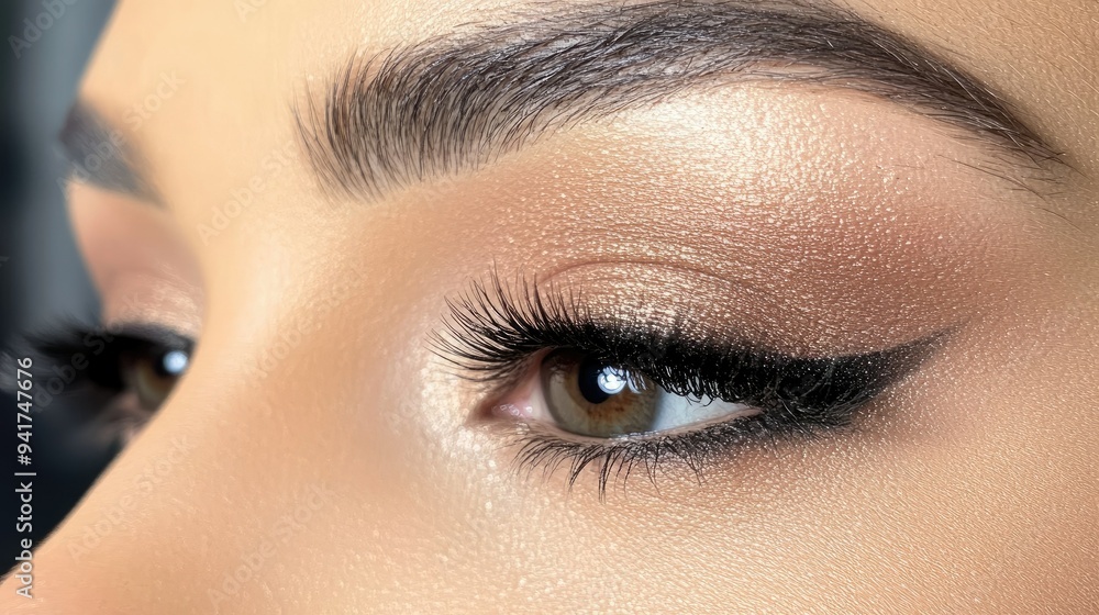 Obraz premium A detailed shot of a woman's eyes with dramatic smoky eye makeup, featuring perfectly blended eyeshadow, winged eyeliner, and voluminous lashes. -