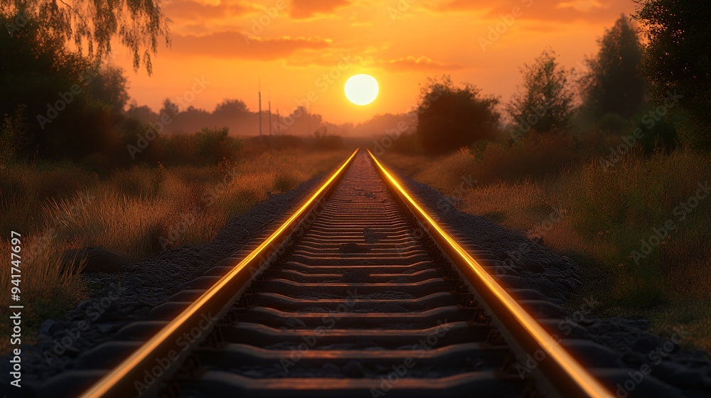 A tranquil sunset over railway tracks, creating a serene landscape. A tranquil sunset over railway tracks, creating a serene landscape.