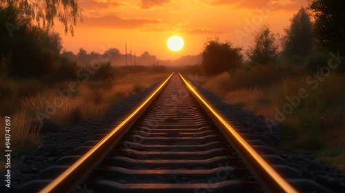 A tranquil sunset over railway tracks, creating a serene landscape.