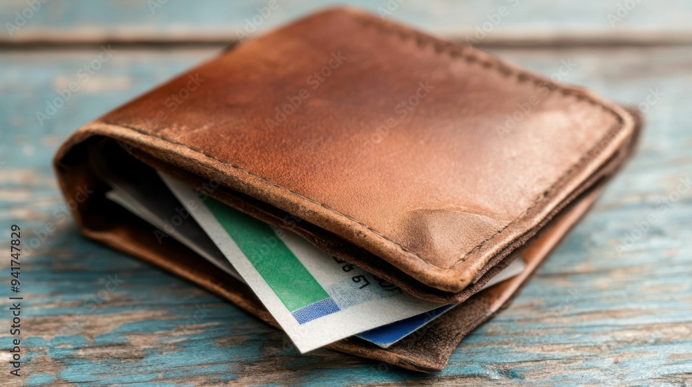 Close-up of a worn leather wallet with banknotes partially visible, placed on a weathered wooden surface, depicting everyday utility.. Close-up of a worn leather wallet with banknotes partially visible, placed on a weathered wooden surface, depicting everyday utility..