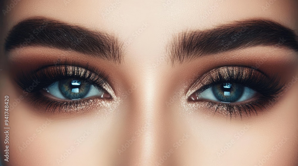 Obraz premium A detailed shot of a woman's eyes with dramatic smoky eye makeup, featuring perfectly blended eyeshadow, winged eyeliner, and voluminous lashes.