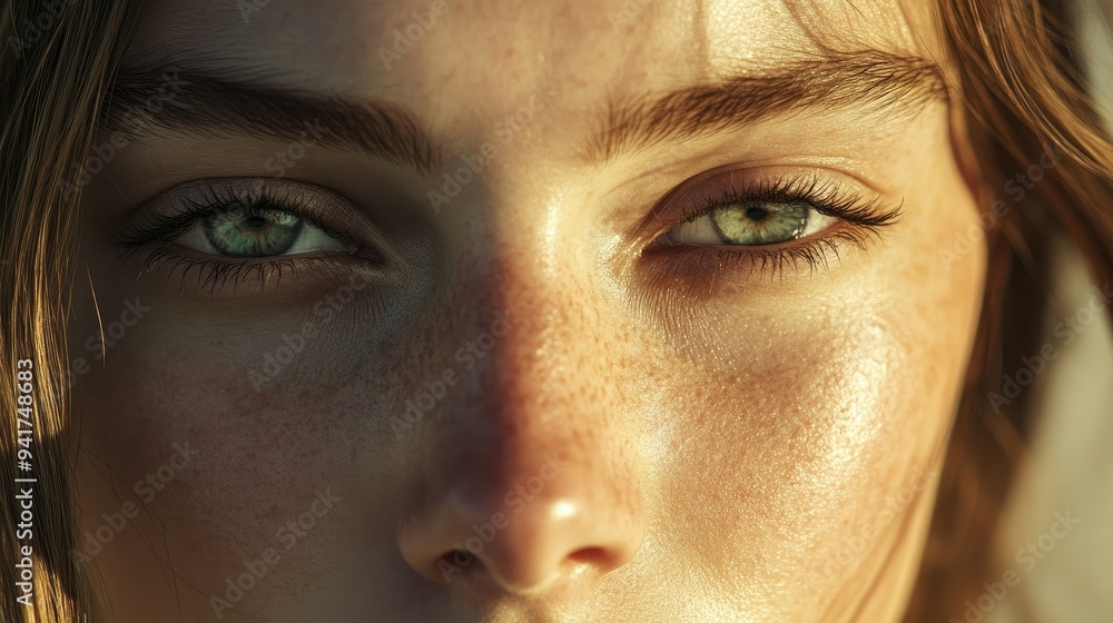 A detailed shot of a woman's face, focusing on her expressive eyes and the delicate contours of her cheeks, with soft natural lighting. A detailed shot of a woman's face, focusing on her expressive eyes and the delicate contours of her cheeks, with soft natural lighting.