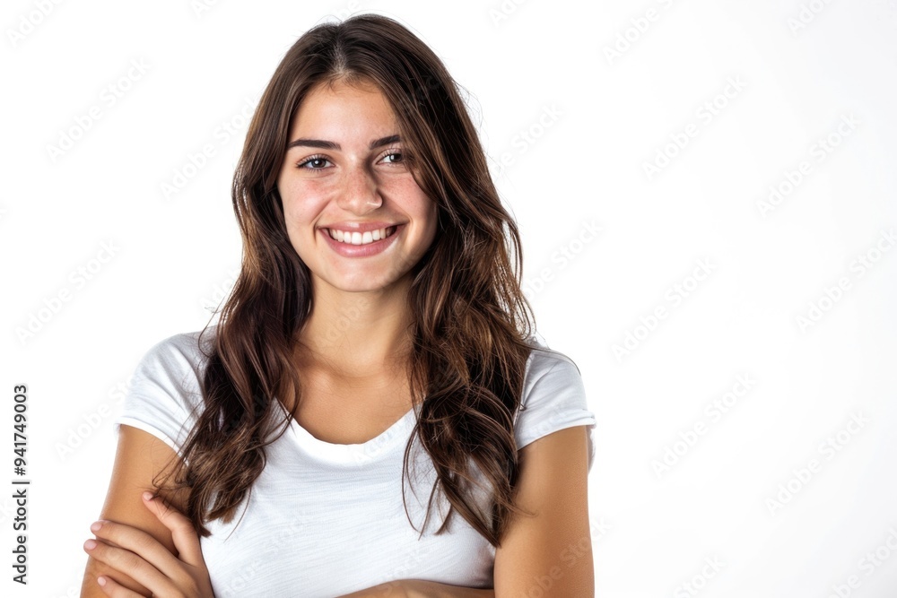 A woman with long brown hair wearing a white shirt, ideal for use in editorial or lifestyle images A woman with long brown hair wearing a white shirt, ideal for use in editorial or lifestyle images