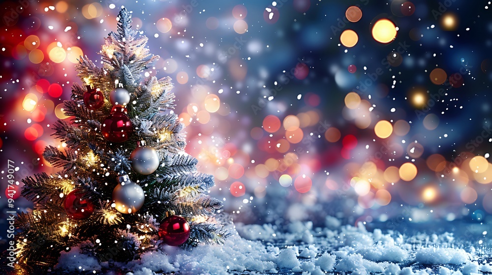 A beautiful white Christmas tree with silver baubles, surrounded by softly glowing, blurred lights. The scene is set in a magical winter wonderland with delicate frost patterns and a snowy ambiance, A beautiful white Christmas tree with silver baubles, surrounded by softly glowing, blurred lights. The scene is set in a magical winter wonderland with delicate frost patterns and a snowy ambiance,