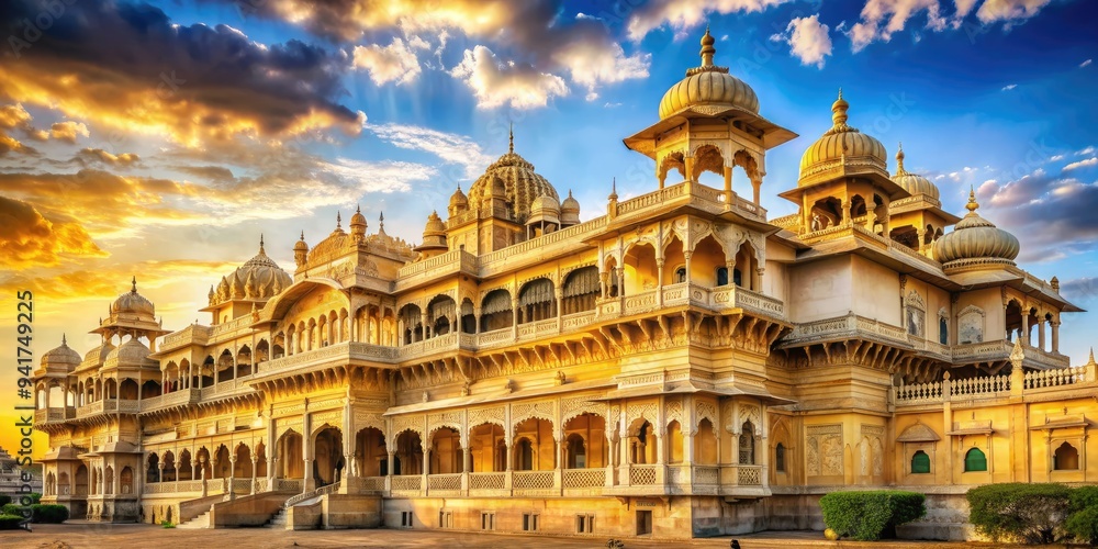 Fototapeta premium - Golden Majesty: Majestic palace with intricate Indian architectural details, warm golden hues, and a sense of grandeur.