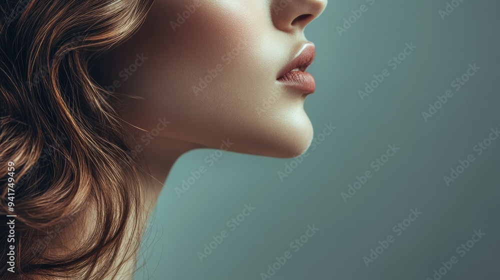 A detailed shot of a woman's profile, highlighting the elegant curve of her jawline, neck, and perfectly styled hair cascading down. A detailed shot of a woman's profile, highlighting the elegant curve of her jawline, neck, and perfectly styled hair cascading down.