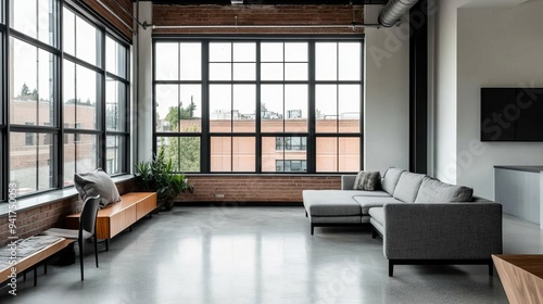 Living room with metal-framed windows and concrete floors, industrial chic, urban elegance