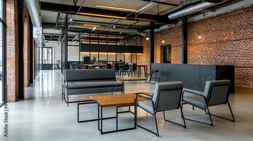 Office with metal furniture and exposed brick walls, creative space, industrial chic