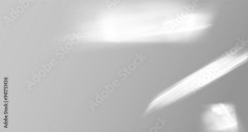 Glare from the sun's rays on the wall. Blurred shadows in the room. Soft overlay of natural light. Abstract background for product presentation.