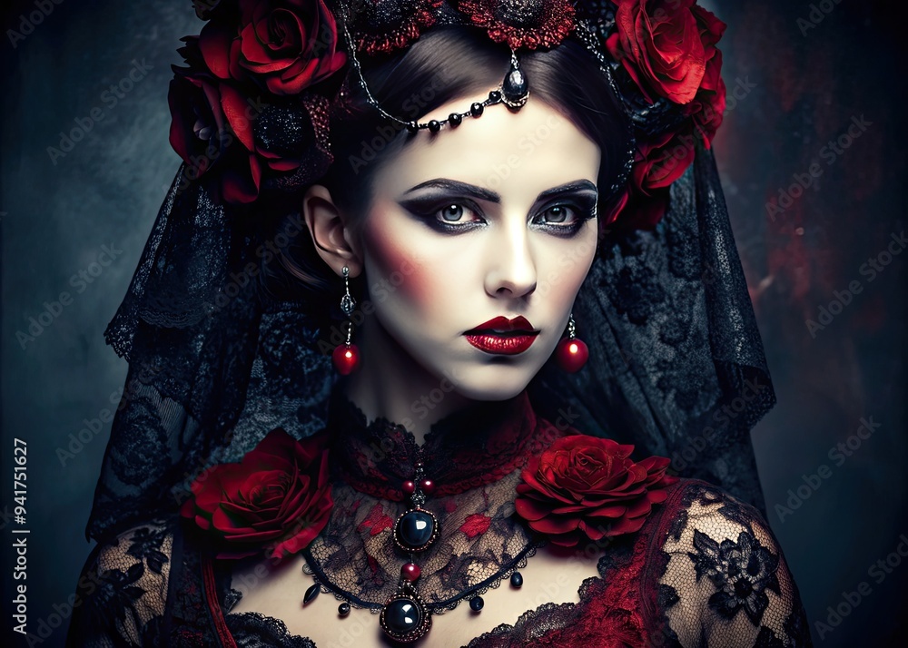Gothic Elegance: Dark, opulent, lace-adorned, crimson-hued, haunting Gothic Elegance: Dark, opulent, lace-adorned, crimson-hued, haunting