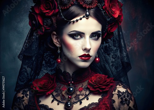 Gothic Elegance: Dark, opulent, lace-adorned, crimson-hued, haunting photo