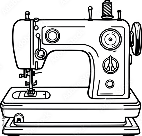 Abstract old retro sketch sewing machine icon for design studio or tailor black and white line art on white background generated Ai