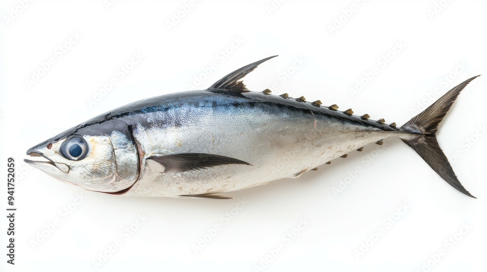 Freshly caught whole tuna on a clean white surface, ready for preparation and cooking Freshly caught whole tuna on a clean white surface, ready for preparation and cooking