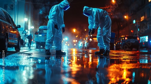 Night scene with scientists wearing protective suits in a wet urban environment