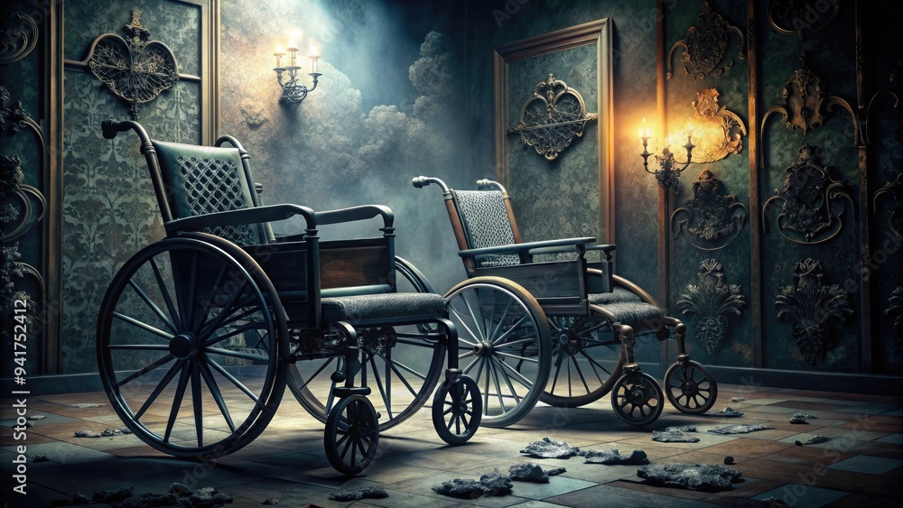 Fototapeta premium Gothic Reverie: Dark, atmospheric, Victorian-era wheelchairs, intricate lacework, somber hues