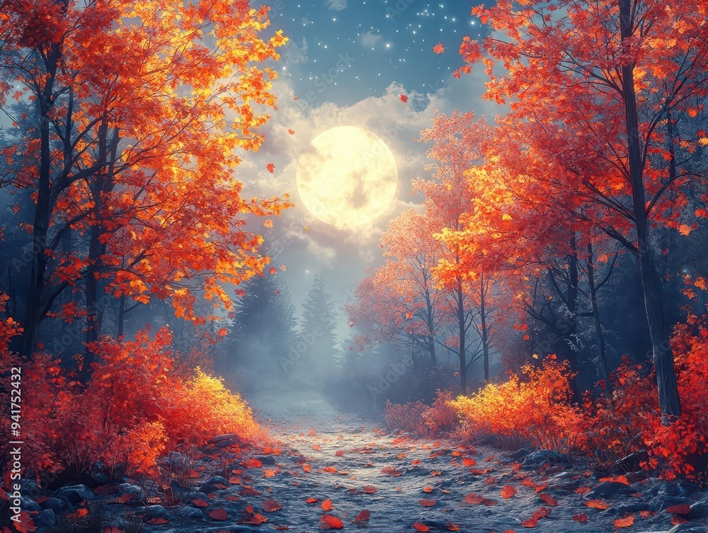 enchanted autumn forest moonlit scene with vibrant fall foliage misty atmosphere ethereal glow illuminates colorful leaves magical woodland ambiance enchanted autumn forest moonlit scene with vibrant fall foliage misty atmosphere ethereal glow illuminates colorful leaves magical woodland ambiance