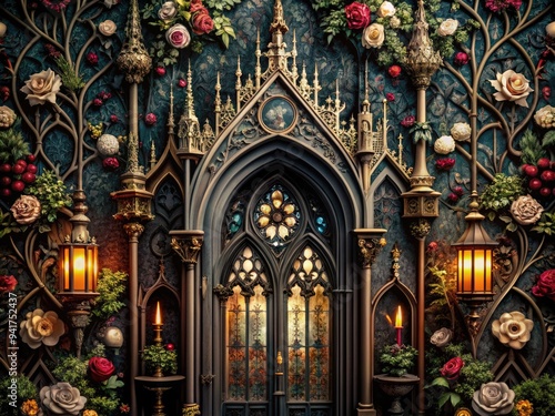 Gothic Renaissance Merger: Dark and opulent, medieval motifs, rich textures, intricate details