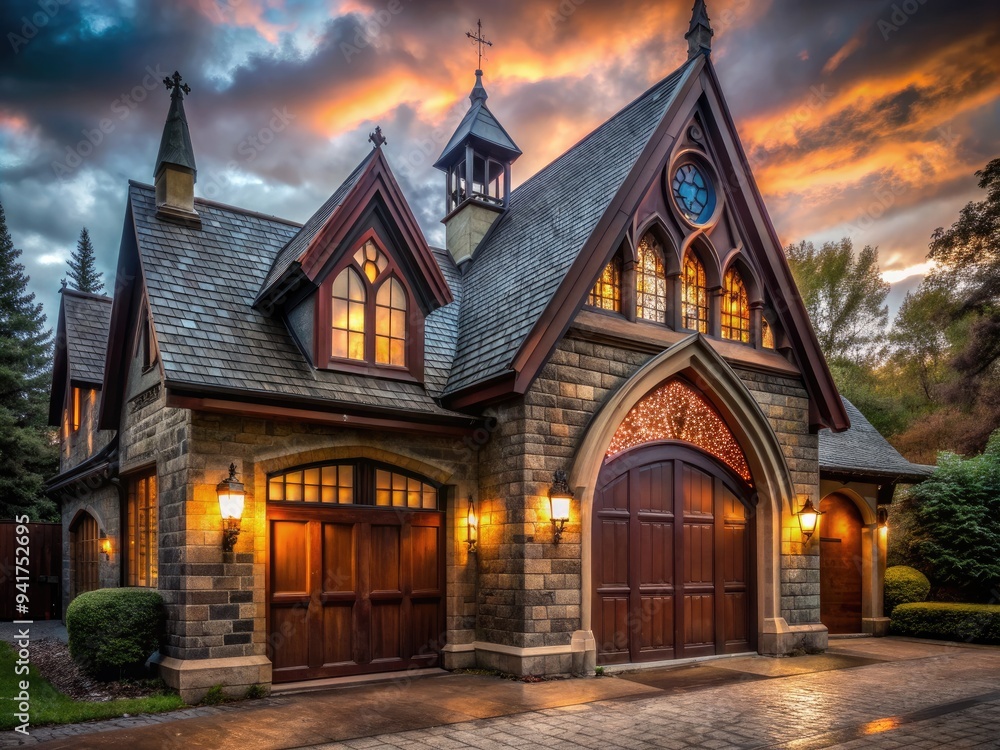 Gothic Revival Garage Mystery: Dark wood, stained glass windows, ornate details, dim lighting, moody atmosphere Gothic Revival Garage Mystery: Dark wood, stained glass windows, ornate details, dim lighting, moody atmosphere