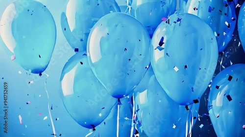 Blue balloons and confetti in a festive celebration.
