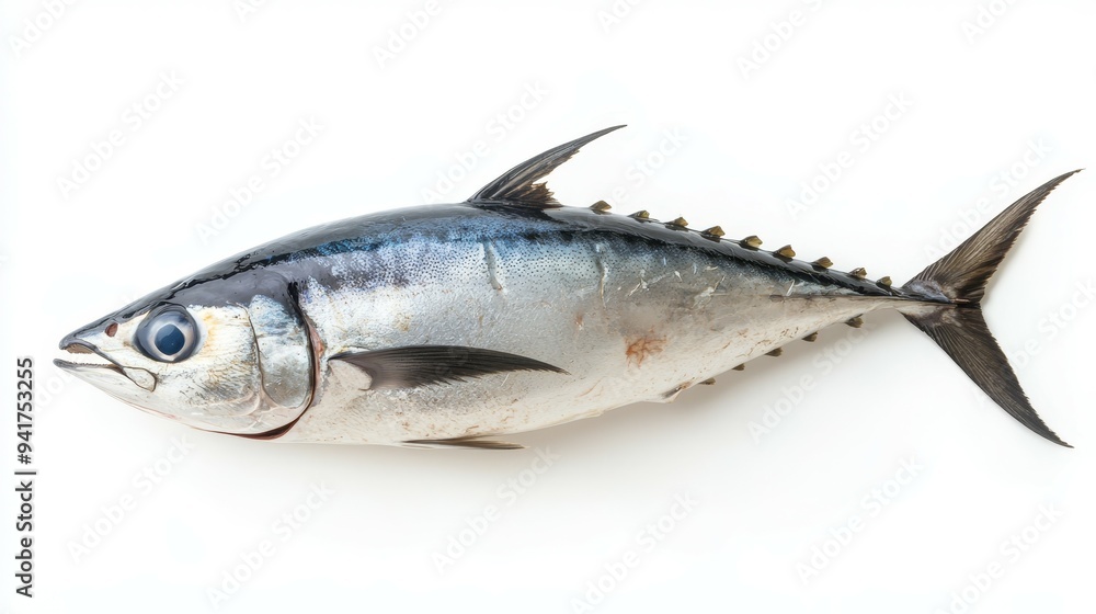 Freshly caught tuna displayed on a clean surface with glistening scales and fins Freshly caught tuna displayed on a clean surface with glistening scales and fins