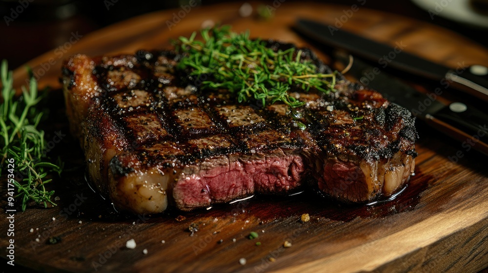 A detailed view of a steak with a perfectly seared crust, served on a wooden board with a garnish of fresh herbs and a side of steak knives. A detailed view of a steak with a perfectly seared crust, served on a wooden board with a garnish of fresh herbs and a side of steak knives.