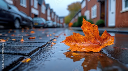 Fototapeta Naklejka Na Ścianę i Meble -  Autumn maple leaf with raindrops on city street during rain, abstract fall background