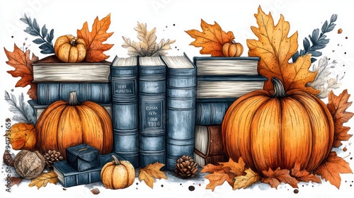Autumn leaves and old books on bookshelf in library, fall background