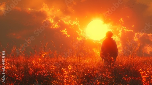 person standing alone in a field, looking at the ground,