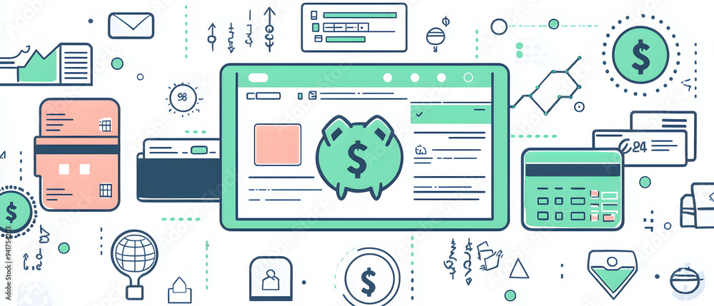 A flat vector illustration of a budgeting app interface, with icons representing income, expenses, and savings goals, piggy banks and credit cards, cool-toned color scheme with pops of green and white A flat vector illustration of a budgeting app interface, with icons representing income, expenses, and savings goals, piggy banks and credit cards, cool-toned color scheme with pops of green and white