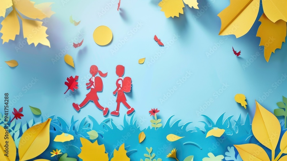 Children walking in a field of autumn leaves, a moment of innocence and adventure Children walking in a field of autumn leaves, a moment of innocence and adventure