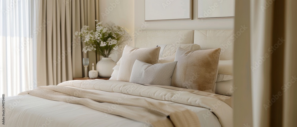 Cozy and elegant bedroom with soft bedding, decorative pillows, and natural light streaming through sheer curtains. Cozy and elegant bedroom with soft bedding, decorative pillows, and natural light streaming through sheer curtains.