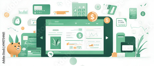 A flat vector illustration of a budgeting app interface, with icons representing income, expenses, and savings goals, piggy banks and credit cards, cool-toned color scheme with pops of green and white