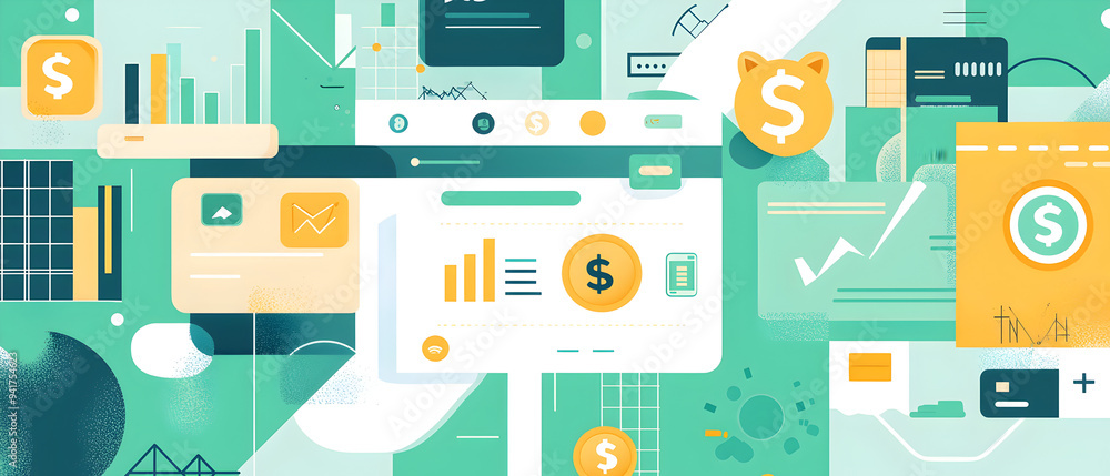 A flat vector illustration of a budgeting app interface, with icons representing income, expenses, and savings goals, piggy banks and credit cards, cool-toned color scheme with pops of green and white A flat vector illustration of a budgeting app interface, with icons representing income, expenses, and savings goals, piggy banks and credit cards, cool-toned color scheme with pops of green and white