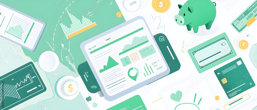 A flat vector illustration of a budgeting app interface, with icons representing income, expenses, and savings goals, piggy banks and credit cards, cool-toned color scheme with pops of green and white A flat vector illustration of a budgeting app interface, with icons representing income, expenses, and savings goals, piggy banks and credit cards, cool-toned color scheme with pops of green and white