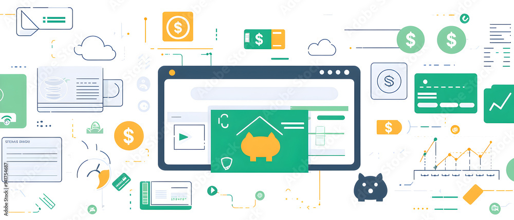 A flat vector illustration of a budgeting app interface, with icons representing income, expenses, and savings goals, piggy banks and credit cards, cool-toned color scheme with pops of green and white A flat vector illustration of a budgeting app interface, with icons representing income, expenses, and savings goals, piggy banks and credit cards, cool-toned color scheme with pops of green and white