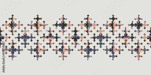 Seamless pattern Border with small and large four leaf clover symbols. Regularly repeating geometric flower shapes for wallpaper, interior fabrics, prints and stationery.